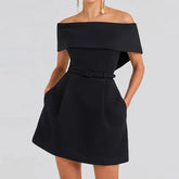 Belt Patchwork Short Sleeve Off The Shoulder Dress